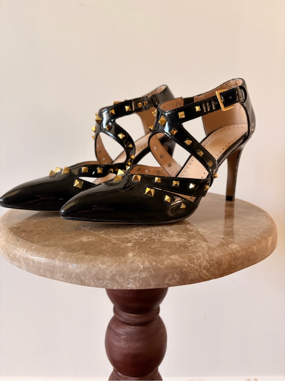 Black Patent Studded T-Strap Pumps